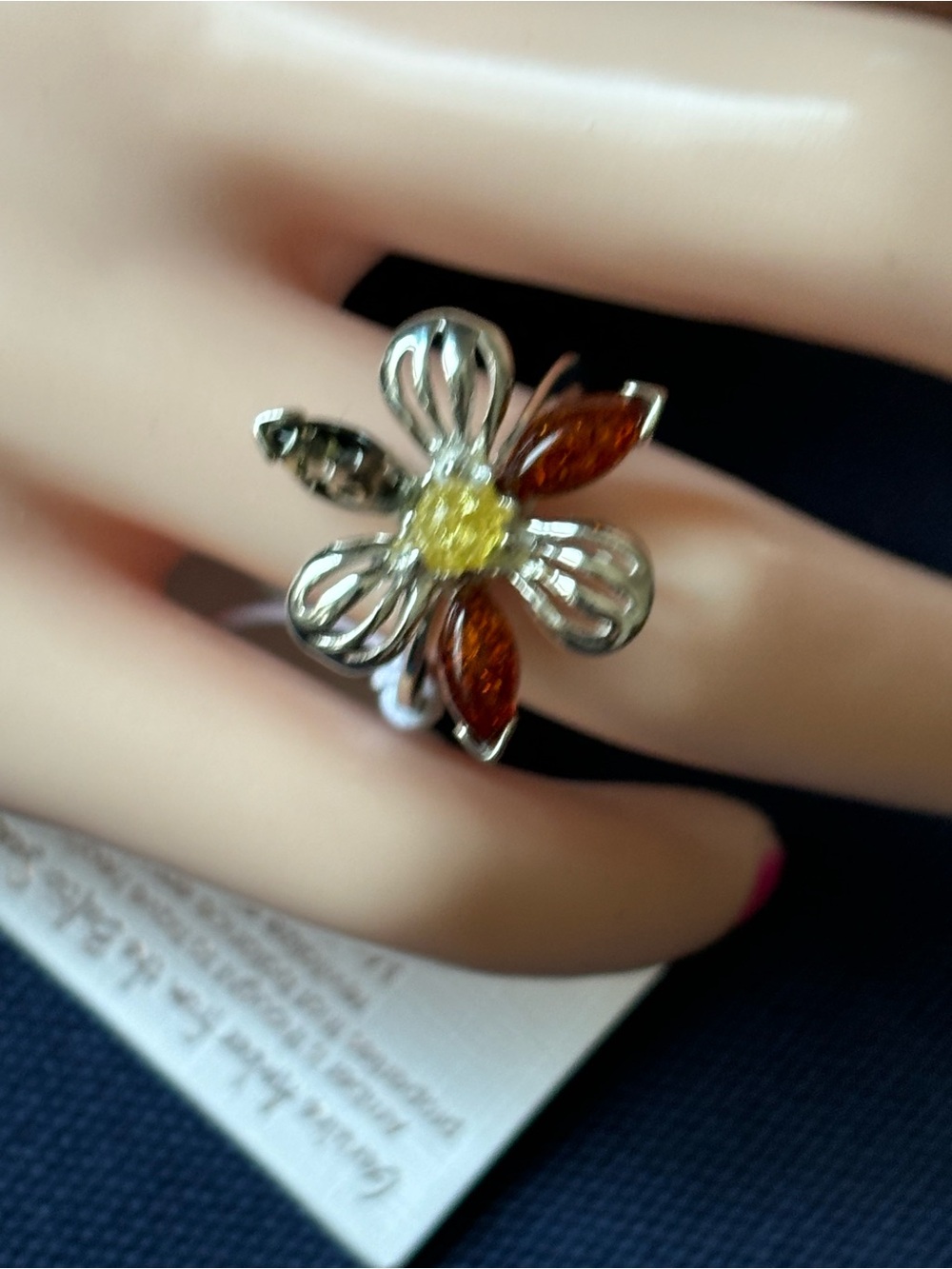 Floral Silver-Tone Ring with Yellow Center and Amber Petals